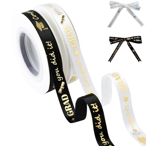 QIANF Satinband für Abschlussfeier, 1,9 cm (3/8 Zoll), Klasse 2025, weiß/schwarz, für Abschlussfeier, Leis, Glückwünsche, Geschenkverpackung, Blumenstrauß, Party-Dekoration, insgesamt 20 Meter von QIANF