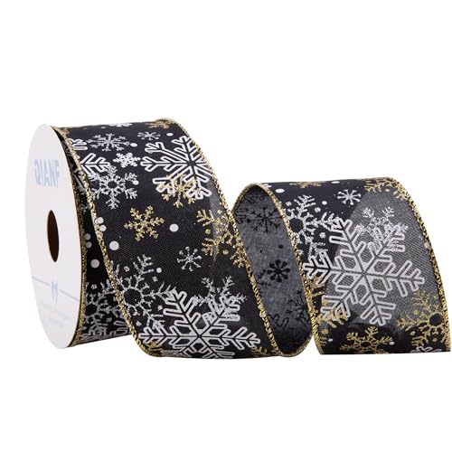 QIANF Schwarzes Glitzer-Schneeflocken-Juteband, Jute-Weihnachtsband für Weihnachtsbaumdekoration, Schleifenherstellung, Geschenkverpackung, Kranz, 6,3 cm x 9,1 m von QIANF