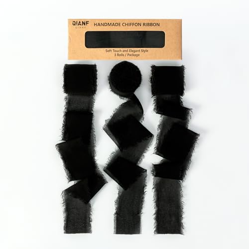 QIANF Schwarzes handgefertigtes Fransen-Chiffonband, 3,8 cm x 21 m, ausgefranste Seidenbänder für Hochzeitseinladungen, Blumensträuße, Geschenkverpackungen, Brautparty, Party-Dekorationen QIANF Schwarzes handgefertigtes Fransen-Chiffonband, 3,8 cm x 21 m, ausgefranste Seidenbänder für Hochzeitseinladungen, Blumensträuße, Geschenkverpackungen, Brautparty, Party-Dekorationen von QIANF