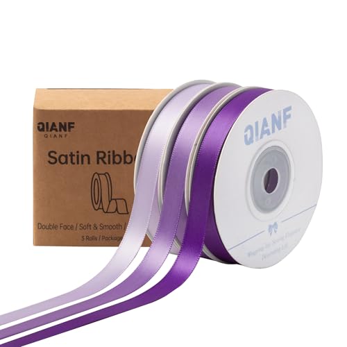 QIANF Violettes doppelseitiges Satinband, 0,9 cm x 45 m, Lavendel-Stoffband für Geschenkverpackungen, Blumensträuße, Haarschleifen, Hochzeitsdekoration, Einladungskarten, Weihnachten (3 Rollen x 13 m) von QIANF