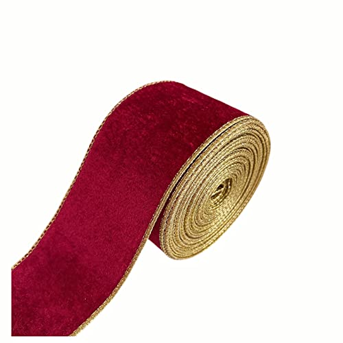 QIANF Weihnachts-Samtband mit Drahtrand, 6,3 cm x 9,1 m Rolle, Gold Glitzer Rand Bastelband für Weihnachtskränze DIY Geschenkverpackung Schleife Dekoration, Rot von QIANF