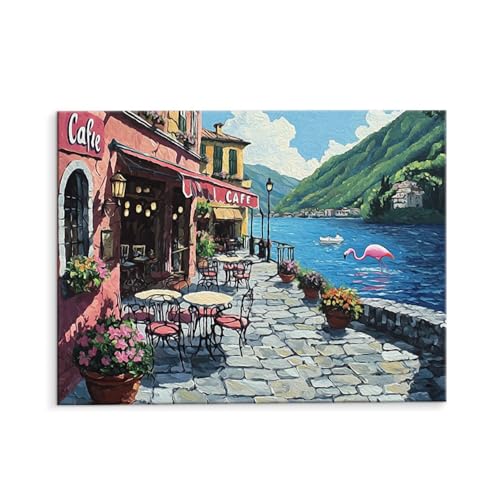 Malen Nach Zahlen Erwachsene Café See, Malen Nach Zahlen Kits mit Pinseln und Acrylfarben, DIY Ölgemälde Set Malen Basteln Leinwand Anfänger, Als Geschenk für Wanddeko, 70 x 90 cm (ungerahmt) y-510 von QIANLUOO