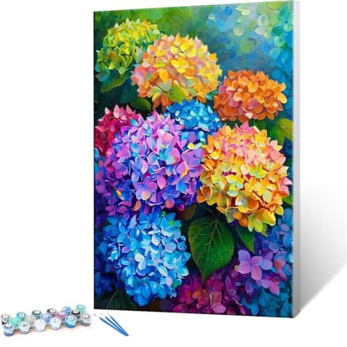 Malen Nach Zahlen Erwachsene - DIY Hortensie Bunt Handgemalt Ölgemälde Kit für Anfänger, Mit 3-Pinseln und Acrylfarbe Handgemalt öLgemäLde Kit Als Geschenk Heimdekoration 40x50cm (Ohne Rahmen) R-423 von QIANLUOO