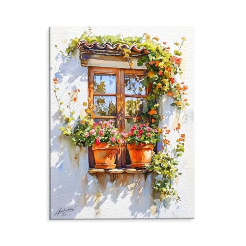 Malen Nach Zahlen Erwachsene Fenster Blumentöpfe, Malen Nach Zahlen Kits mit Pinseln und Acrylfarben, DIY Ölgemälde Set Malen Basteln Leinwand Anfänger, für Wanddeko, 80 x 110 cm (ungerahmt) y-114 von QIANLUOO