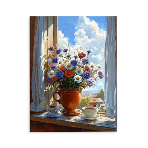 Malen Nach Zahlen Erwachsene Fensterbänder Blumentöpfe, Malen Nach Zahlen Kits mit Pinseln und Acrylfarben, DIY Ölgemälde Set Malen Basteln Leinwand Anfänger, für Wanddeko, 60 x 80 cm (ungerahmt) y118 von QIANLUOO