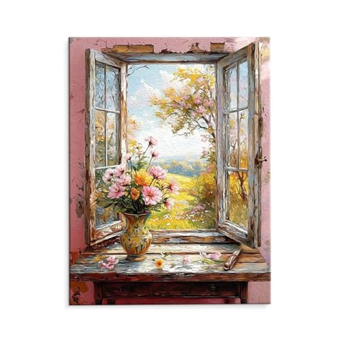 Malen Nach Zahlen Erwachsene Fensterbrett Vase, Malen Nach Zahlen Kits mit Pinseln und Acrylfarben, DIY Ölgemälde Set Malen Basteln Leinwand Anfänger, für Wanddeko, 50 x 70 cm (ungerahmt) y-119 von QIANLUOO