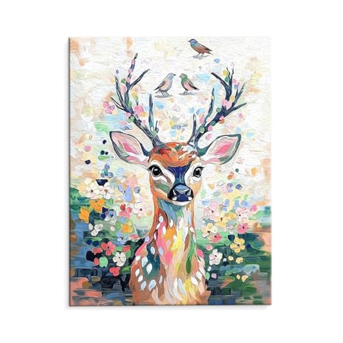 Malen Nach Zahlen Erwachsene Hirsch Blumen, Malen Nach Zahlen Kits mit Pinseln und Acrylfarben, DIY Ölgemälde Set Malen Basteln Leinwand Anfänger, für Wohnzimmer Wanddeko 40 x 50 cm (ungerahmt) y-674 von QIANLUOO
