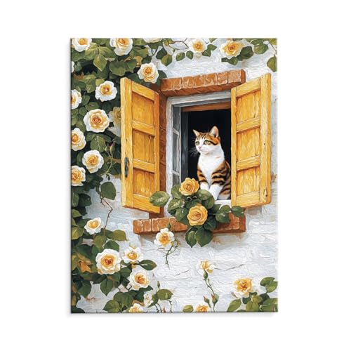 Malen Nach Zahlen Erwachsene Paint by Numbers Adults DIY Ölgemälde Leinwand Set mit 3 Pinsel und Acrylfarben für Home Weihnachten Deko Geburtstag Geschenk - 60 x 80 cm Ohne Rahmen (Fenster Katze) t116 von QIANLUOO