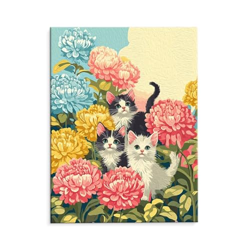 Malen Nach Zahlen Erwachsene Paint by Numbers Adults DIY Ölgemälde Leinwand Set mit 3 Pinsel und Acrylfarben für Home Weihnachten Deko Geburtstag Geschenk - 60 x 80 cm Ohne Rahmen (Katze Blumen) t-621 von QIANLUOO