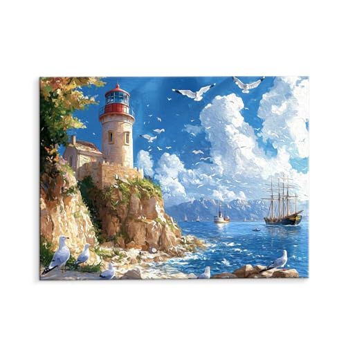 Malen Nach Zahlen Erwachsene Paint by Numbers Adults DIY Ölgemälde Leinwand Set mit 3 Pinsel und Acrylfarben für Home Weihnachten Deko Geschenk - 40 x 50 cm Ohne Rahmen (Leuchtturm Möwe) t-141 von QIANLUOO