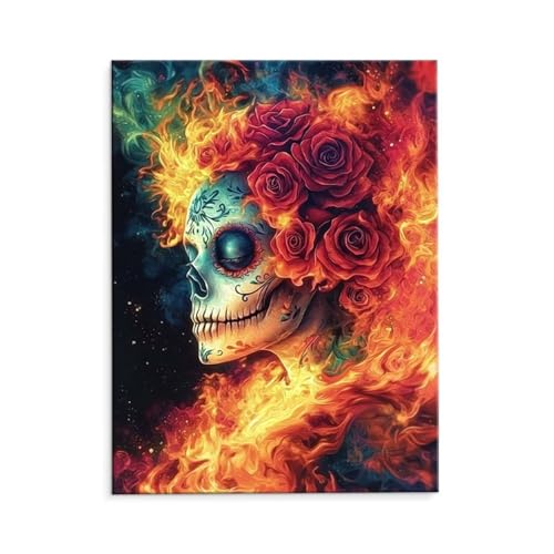 Malen Nach Zahlen Erwachsene Paint by Numbers Adults DIY Ölgemälde Leinwand Set mit 3 Pinsel und Acrylfarben für Home Weihnachten Deko Geschenk - 60 x 80 cm Ohne Rahmen (Feuerschädel Rose) t-469 von QIANLUOO