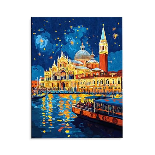 Malen Nach Zahlen Erwachsene Paint by Numbers Adults DIY Ölgemälde Leinwand Set mit 3 Pinsel und Acrylfarben für Home Weihnachten Deko Geschenk - 70 x 90 cm Ohne Rahmen (Stadtblick Nachtblick) t-97 von QIANLUOO