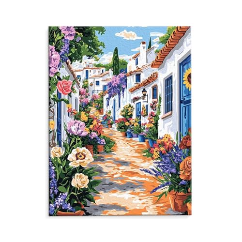 Malen Nach Zahlen Erwachsene Paint by Numbers Adults DIY Ölgemälde Leinwand Set mit 3 Pinsel und Acrylfarben für Home Weihnachten Deko Geschenk - 70 x 90 cm Ohne Rahmen (Straßenblick Blumen) t-489 von QIANLUOO