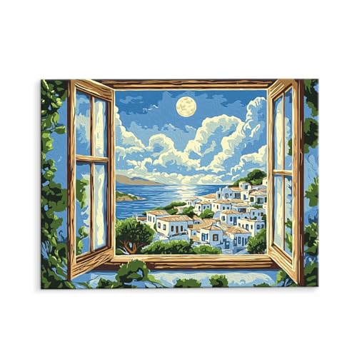 Malen Nach Zahlen Erwachsene Paint by Numbers Adults DIY Ölgemälde Leinwand Set mit 3 Pinsel und Acrylfarben für Home Weihnachten Deko Geschenk - 80 x 110 cm Ohne Rahmen (Fensterbrett Aussicht) t-117 von QIANLUOO