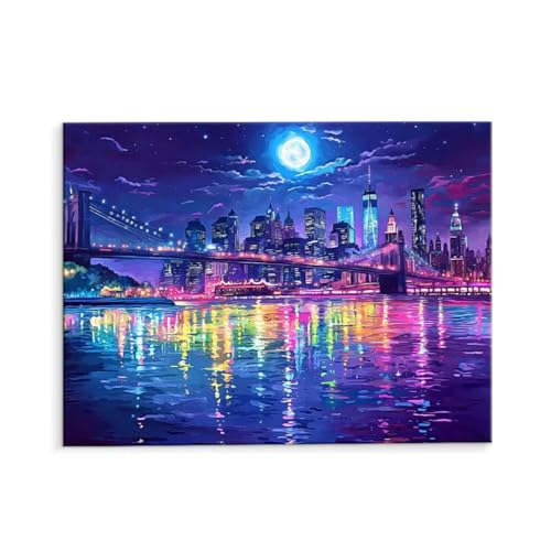 Malen Nach Zahlen Erwachsene Stadtblick Nachtblick, Malen Nach Zahlen Kits mit Pinseln und Acrylfarben, DIY Ölgemälde Set Malen Basteln Leinwand Anfänger, für Wanddeko, 40 x 50 cm (ungerahmt) y-98 von QIANLUOO