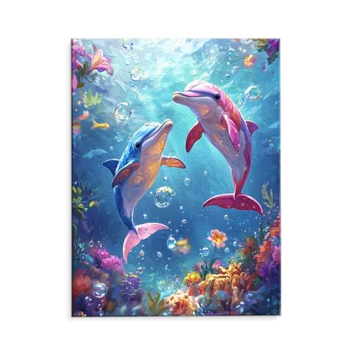 Malen Nach Zahlen Erwachsene Tiere Delfine, Malen Nach Zahlen Kits mit Pinseln und Acrylfarben, DIY Ölgemälde Set Malen Basteln Leinwand Anfänger, für Wohnzimmer Wanddeko 60 x 80 cm (ungerahmt) y-158 von QIANLUOO