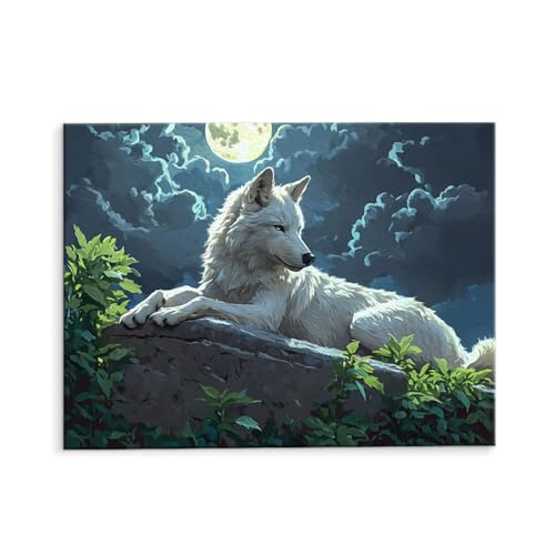 Malen Nach Zahlen Erwachsene Tiere Weißer Wolf, Malen Nach Zahlen Kits mit Pinseln und Acrylfarben, DIY Ölgemälde Set Malen Basteln Leinwand Anfänger, für Wanddeko, 70 x 90 cm (ungerahmt) y-151 von QIANLUOO