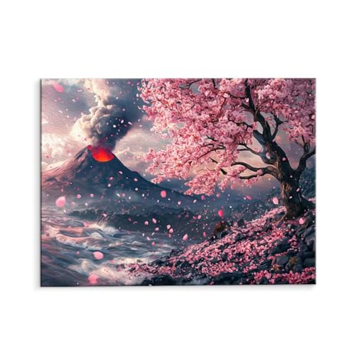 Malen Nach Zahlen Erwachsene Vulkanische Kirschblüten, Malen Nach Zahlen Kits mit Pinseln und Acrylfarben, DIY Ölgemälde Set Malen Basteln Leinwand Anfänger, für Wanddeko, 60 x 80 cm (ungerahmt) y-467 von QIANLUOO