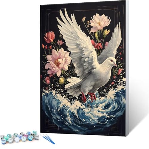 QIANLUOO Malen nach Zahlen Erwachsene, Malen nach Zahlen Friedenstaube Blumen DIY Handgemalt Ölgemälde Kit Paint by Numbers Adult Mit 3 Pinseln und Acrylfarbe Leinwand Kit - 20x30cm (Rahmenlos) Y-116 von QIANLUOO