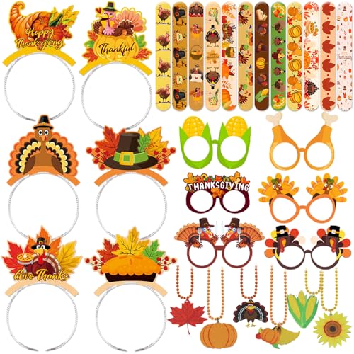 QICI 30-teiliges Thanksgiving-Partygeschenk-Set für Thanksgiving, Herbst, Partygeschenke, Slap Armbänder, Stirnband, Brillen, Perlenketten, Kürbis, Truthahn, Zubehör für Herbstparty, Foto-Requisiten von QICI