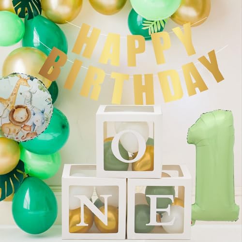 1. Geburtstagsfeier Kisten Dekorationen für Jungen, 3 PCS -Ballonboxen mit 30 grünen Goldballons und einen Buchstaben, "Happy Birthday" -Banner ， Ballonblöcke für erste Geburtstagsfeierdekorationen von QIFU