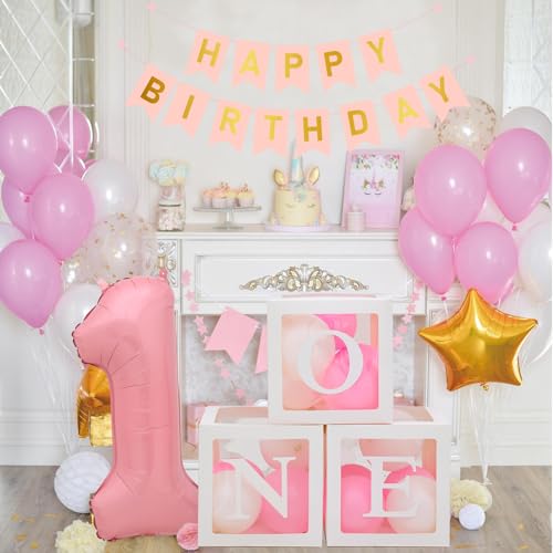 1. Geburtstag Dekorationsboxen für Mädchen, 3 Transparente Ballonboxen mit 20 rosa-weißen Luftballons, einer goldenen banner und einem „1“,Hintergrund für Mädchen Geburtstagsparty Deko von QIFU