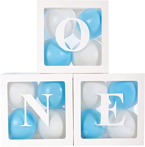 1.Geburtstag Ballon Box Dekoration für Jungen, 3Pcs Transparente Luftballon Boxen mit Buchstaben ONE, erster Geburtstag Box mit Blau Weiß Luftballons für Babyparty 1 Geburtstag Hintergrund Deko von QIFU