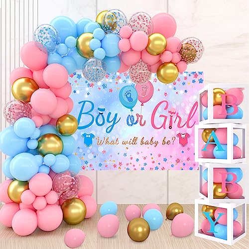 141PCS Gender Reveal Party Deko Box, Luftballon Girlande Blau Rosa mit Banner, Gender Reveal Ballon Girlande, Babyparty Deko Box für Boy or Girl, Baby Shower Deko, Gender Reveal Party von QIFU