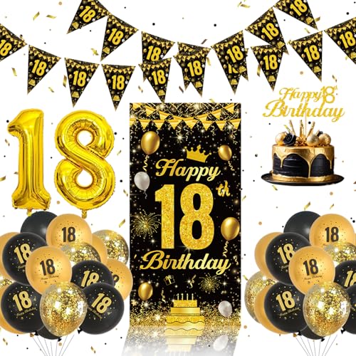 18 Geburtstag Deko Set - Schwarz Und Gold Luftballons, Happy Birthday Banner, Cake Topper, Luftballons 18,18. Geburtstag Junge Mädchen Deko von QIFU