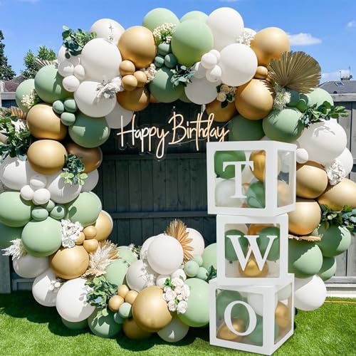 2 Geburtstag Party-Dekorationsboxen für Jungen, 3 Ballonboxen mit 30 grün-gold-weißen Luftballons und 1 Buchstaben, Ballonblöcke für den Hintergrund zum 2. Geburtstag, 2. Geburtstag Partydekorationen… von QIFU