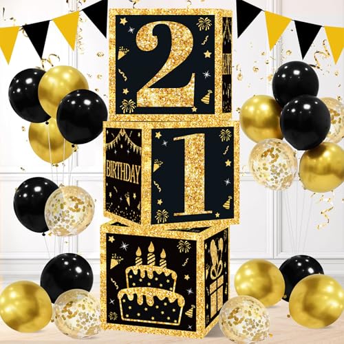 21. Geburtstag Dekorationen Boxen für Jungen Mädchen - 3 Stück Schwarz Gold Happy 21th Balloons Boxen, 21 Jahre alt Party Supplies Geburtstag Tischdekorationen für Männer Frauen 21. Geburtstag Dekorationen Boxen für Jungen Mädchen - 3 Stück Schwarz Gold Happy 21th Balloons Boxen, 21 Jahre alt Party Supplies Geburtstag Tischdekorationen für Männer Frauen von QIFU