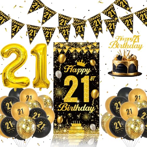 21 Geburtstag Dekorationen Set - Schwarz Gold Ballons, Banner, Cake Topper, 21 Geburtstag Dekorationen Mann Frau Party Dekorationen von QIFU