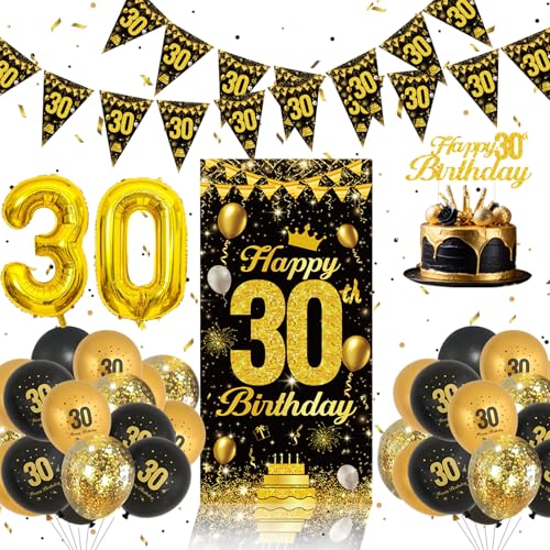 30 Geburtstag Deko Set -Schwarz Und Gold Ballons, 30 Happy Birthday Banner, 30 Happy Birthday Tortendeko, 30 Geburtstag Männer Frauen Party Dekorationen von QIFU