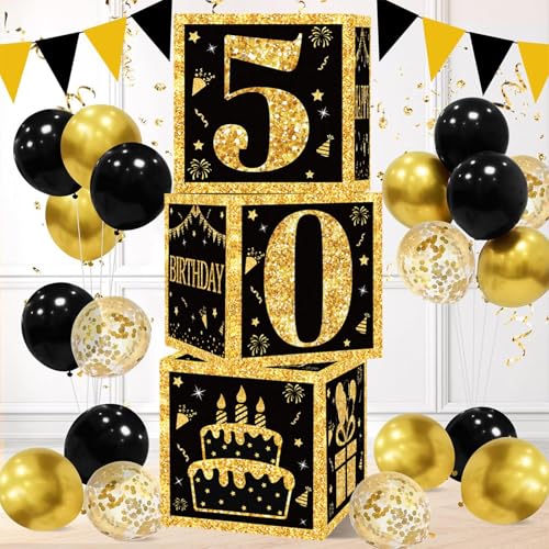 3pcs 50. Geburtstag Dekorationen - Schwarz und Gold Boxen für Männer Frauen von QIFU