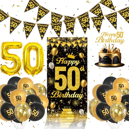50 Geburtstagsdeko Set - Schwarz Und Gold Geburtstag Ballons, 50 Happy Birthday Banner, Tortendeko, 50 Geburtstag Mann Frau Party Deko von QIFU