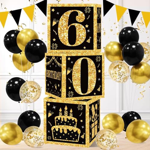 60. Geburtstag Dekorationen - 3pcs Schwarz und Gold Geburtstag Boxen 60. Geburtstag Dekorationen - 3pcs Schwarz und Gold Geburtstag Boxen von QIFU