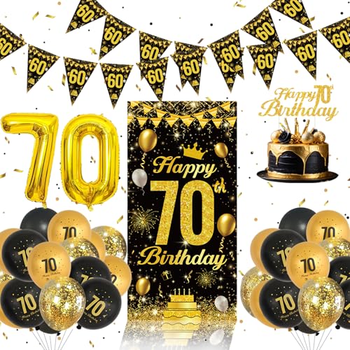 70 Geburtstag Deko Set - Schwarz Und Gold Luftballons, Happy Birthday Banner, Tortendeko, Mann Frau Geschenk 70 Geburtstag Deko Set - Schwarz Und Gold Luftballons, Happy Birthday Banner, Tortendeko, Mann Frau Geschenk von QIFU