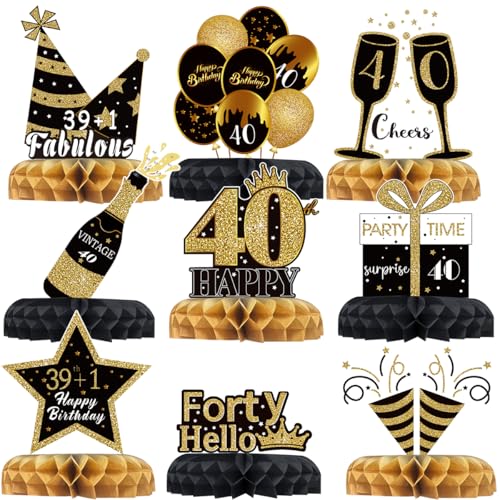 9Pcs 40. Geburtstag Dekorationen, 40. Geburtstag Tischdekorationen, Schwarz Gold Honeycomb Tischdekorationen Tafelaufsatz, 50. Geburtstag Tischaufsätze für Geburtstag Party Favor Foto Booth Requisiten von QIFU