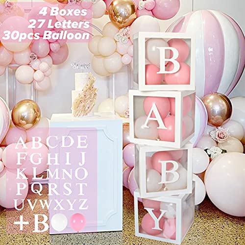 Baby Shower Deko Mädchen, Baby Ballon Box mit Rosa Weiß Luftballons, 4Pcs Baby Boxen mit 27 Buchstaben, für Babyparty Deko Mädchen, Baby Shower, Gender Reveal Party, Geburtstag Deko von QIFU