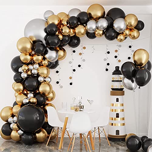 Luftballon Girlande Schwarz Gold, 134 PCS Schwarze Gold Silber Luftballons, Ballon Girlande Schwarz Gold für Geburtstagsdeko Mann Frauen, Silvester Deko 2024, Neujahr, 18 30.Geburtstag Deko Junge von QIFU