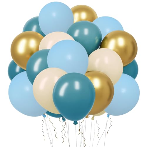 Blaue und goldene Luftballon-Set, 30,5 cm, Retro, Aquablau, Macaron, Blau, Metallic, Gold, Sandweiß, Latex-Luftballons für Geburtstagsparty, Boho, Hochzeit, Babyparty, Abschlussfeier, Dekoration, 52 von QIFU