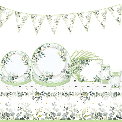Geburtstag Pappteller Grün Für 24 Gäste,Grün Partygeschirr Set Mit Pappteller,Servietten Eukalyptus Grün,Partybecher,Tischdecke,Banner Für Babyparty Deko,Geburtstagsdeko,Hochzeit,Tischdeko Geburtstag von QIFU