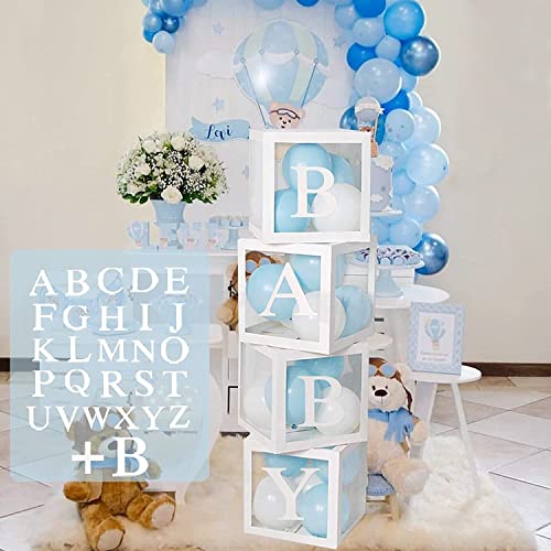 Babyparty Deko, Baby Shower Box Deko für Junge oder Mädchen, 4Pcs Transparente Luftballon Boxen Baby mit 27 Buchstaben für Babyparty Deko Junge, Gender Reveal Party Boxen Hintergrund Dekoration von QIFU