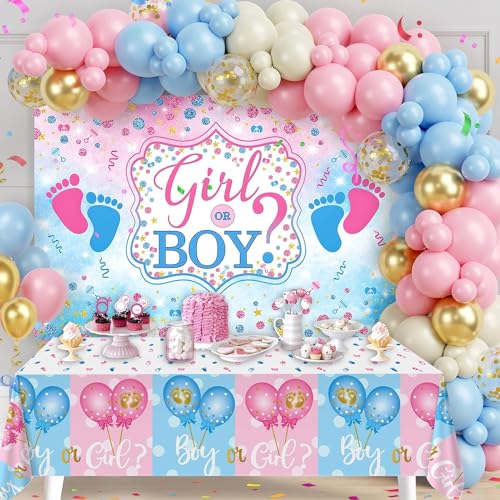 Gender Reveal-Dekorationsset, 109-teiliges rosa und blaues Luftballon-Bogen-Set, Hintergrund, Tischdecke, Gender Reveal-Ideen für Jungen oder Mädchen, Babyparty-Party-Dekoration von QIFU