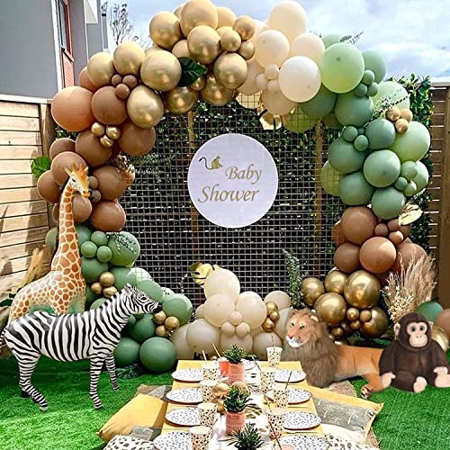 Ballon Girlande Grün, Jungle Safari Luftballon Girlande Grün, Sage Green Braun und Metallic Gold Ballons, für Dschungel Baby Shower, Safari Geburtstagsdeko, Wild One Geburtstag Party von QIFU