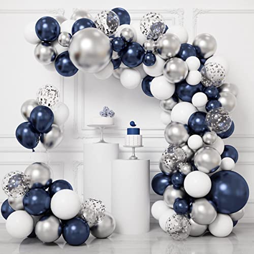 Luftballon Girlande Dunkel Blau, Ballons Girlande Blau, 104pcs Blau Weiß Silber Luftballons und Silber Konfetti Ballons, Luftballons Geburtstag Blau für Hochzeit, Babyparty, Baby Shower Party Deko von QIFU