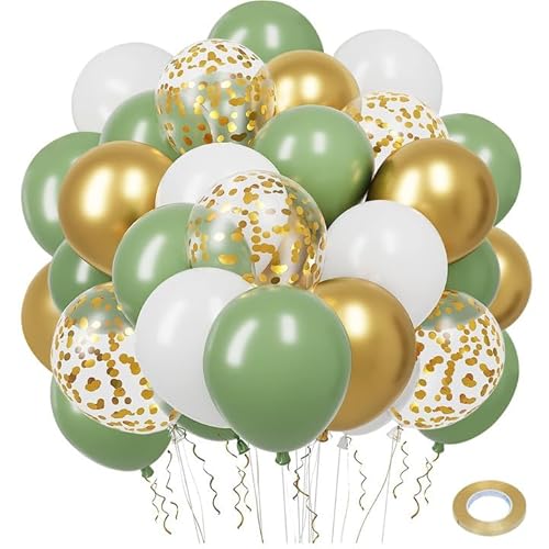 Luftballons Grün Gold, 50 Stück Luftballons Retro Grün Weiß Gold Konfetti Latex Ballons, Ballons Grün Gold für Geburtstag, Hochzeit, Babyparty Deko, Baby Shower, 12 Zoll von QIFU