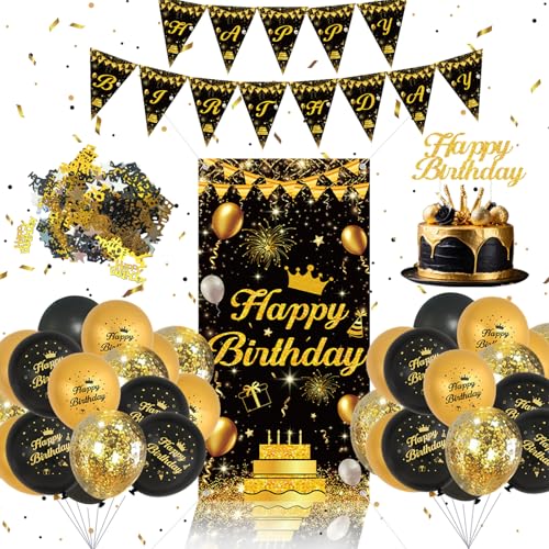 Schwarz Gold Geburtstagsdeko Set - Schwarz Und Gold Luftballons Geburtstag, Happy Birthday Banner, Happy Birthday Tortendeko Für Männer Frauen Party Deko Zubehör von QIFU