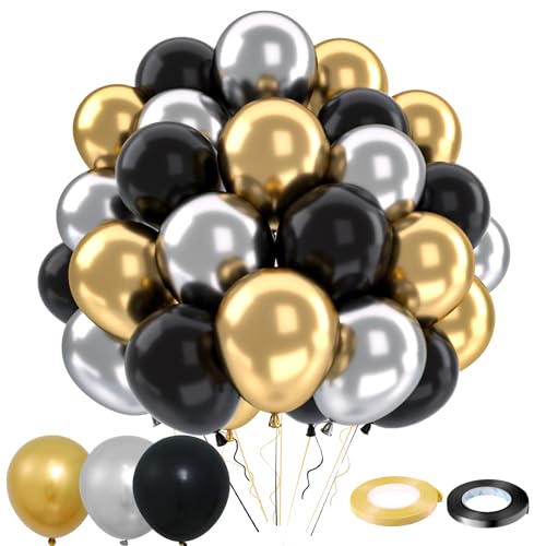 Luftballons Geburtstag Schwarz Silber,52 Stück Schwarz Gold Silber Ballons Mit Bändern, Luftballons Schwarz Gold Für Männer Geburtstag Party, Abschlussfeier, Jubiläum,Baby Shower,Hochzeit, 12 Zoll von QIFU