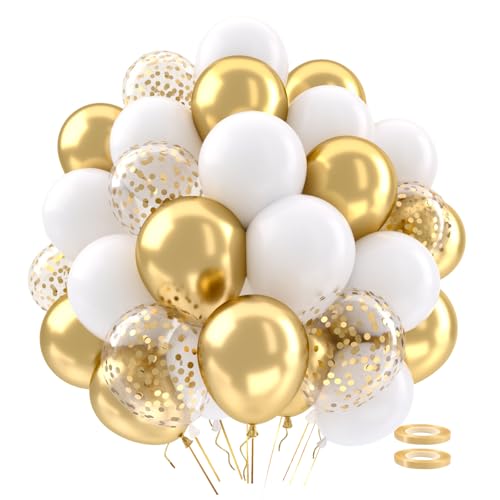 62 Stücke Weißgold-Luftballons-set，weiße Metallic Goldballons Set mit goldenen Konfetti Helium Latexballons für Geburtstag Hochzeit Babyparty Jubiläum Party Dekorationen von QIFU